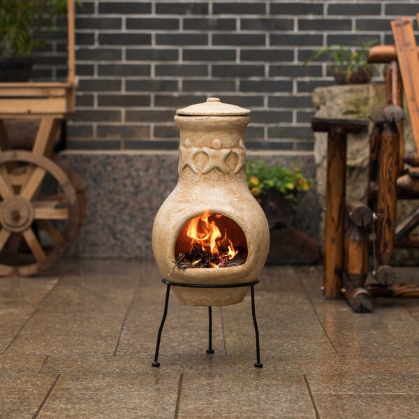 Outdoor Beige Clay Chimenea Maya Design Fire Pit With Metal Stand
